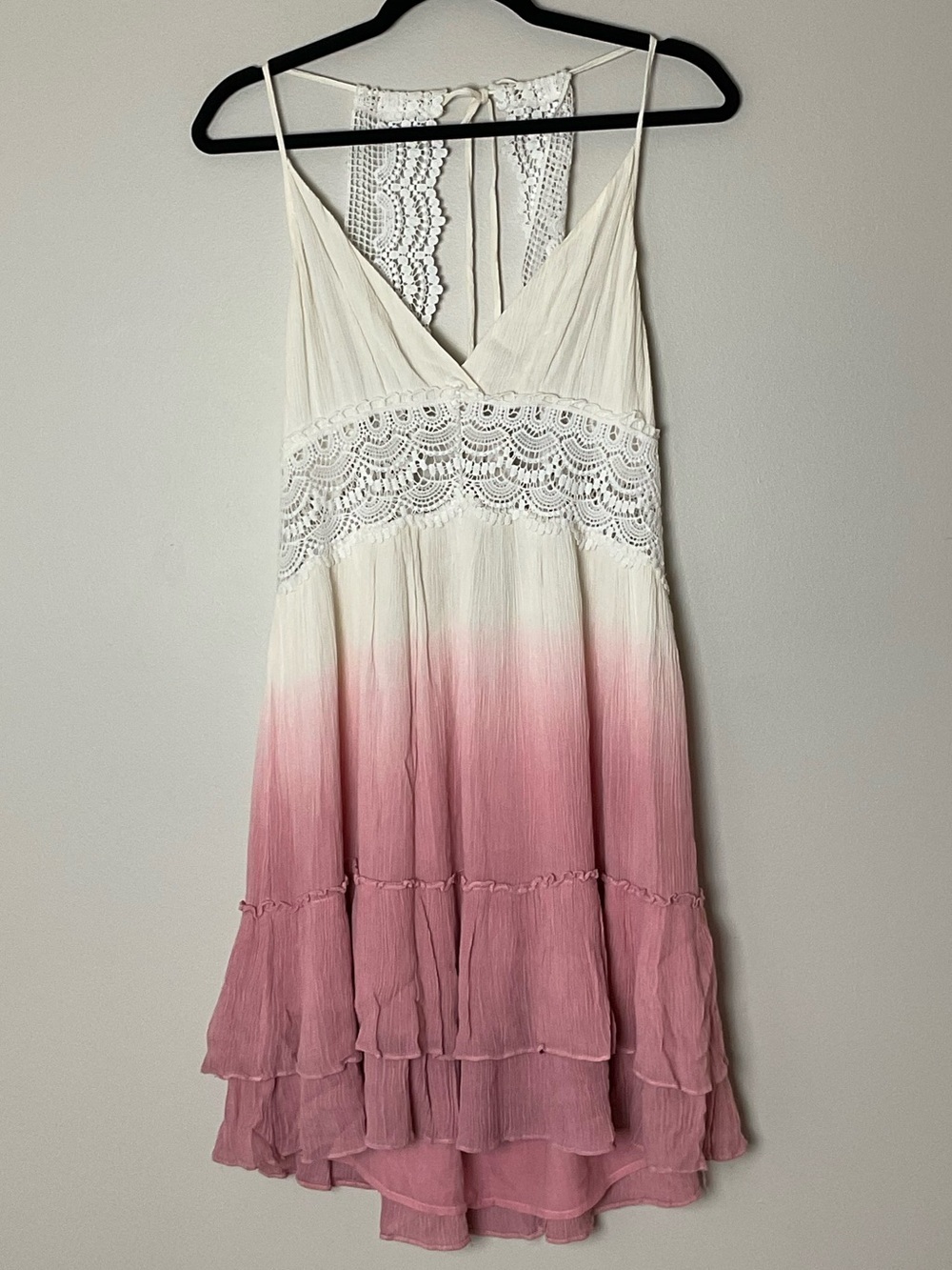 Promesa Cream Pink Ombré Strappy Crochet-Trim Dress Boho Festival Fairycore L